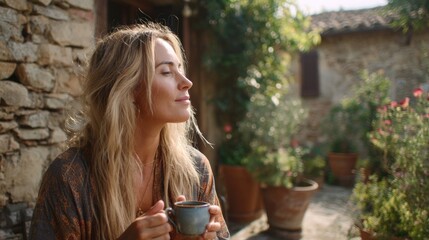 A woman enjoys a quiet moment with a cup of tea in a lush garden setting.
