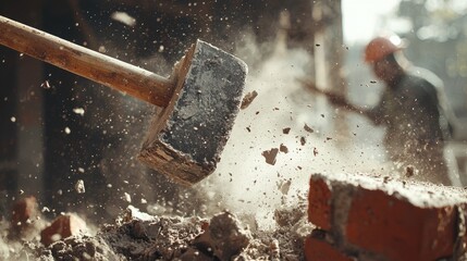 A worker demolishes bricks with a hammer, creating a cloud of dust and debris.