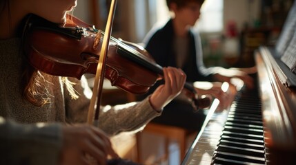 Musicians playing violin and piano in a warm, intimate setting.