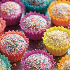 Colorful cupcake toppings in vibrant liners create a festive dessert display.