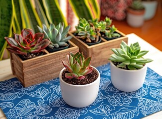 Succulent plants in decorative pots arranged on a patterned surface indoors.