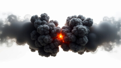 A symmetrical explosion of dark smoke clouds with glowing orange fire at the center, creating a dramatic and mirrored visual effect on a white background. The image evokes a sense of intensity.