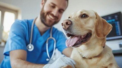 A veterinarian gently examines a happy dog in a bright clinic setting.