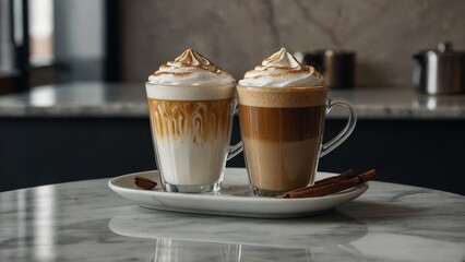 Two Latte Cups with Latte Art on Marble Surface
