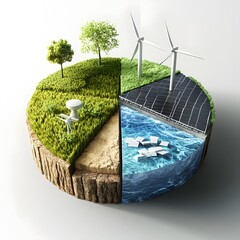 Clean energy mix pie chart with solar, wind, and green hydrogen