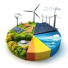 Clean energy mix pie chart with solar, wind, and green hydrogen