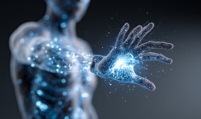 Human-like figure reaching out with glowing energy in a dark space