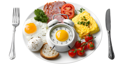 Plate with food and an alarm clock, intermittent fasting concept isolated on a white background