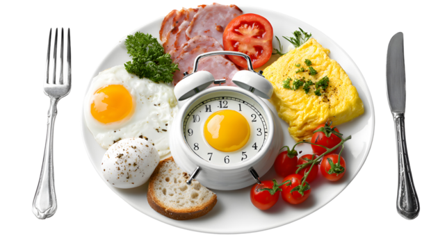 Plate with food and an alarm clock, intermittent fasting concept isolated on a white background