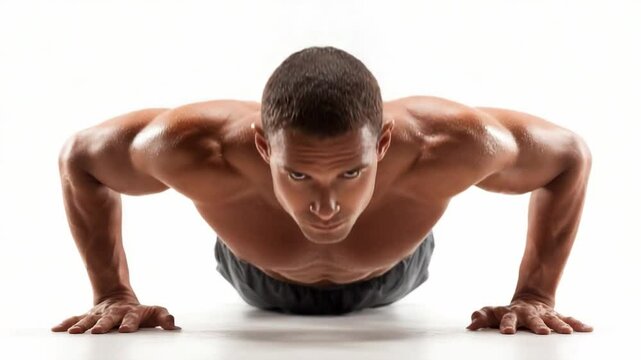 Muscular man in exercise: A dynamic studio shot captures a powerfully built man immersed in a rigorous exercise routine, with a determined expression.