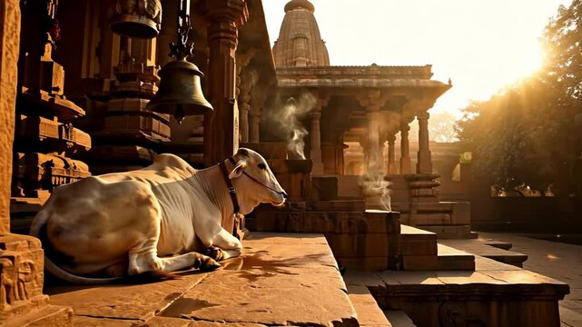 calm indian cow. Serene morning at a historic temple with a resting cow on the steps, sunlight filtering through trees, creating a peaceful atmosphere