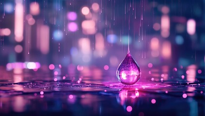 A single, vibrant teardrop, illuminated by neon city lights, falls onto a wet, reflective surface