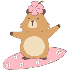Fototapeta premium Summer Capybara cartoon with flower Standing on a pink floral surfboard in animal summer hand drawn vector illustration clipart