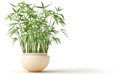 Fototapeta premium Lush green bamboo shoots thrive in a creamy pot, isolated on white background