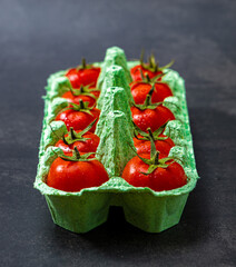 Cherry tomatoes in egg tray on dark background isolated close up art