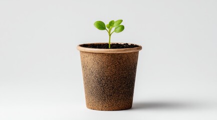 A small seedling with vibrant green leaves sprouts from dark brown biodegradable soil in a speckled brown compostable cup against a plain white backdrop