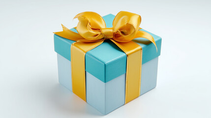 Obraz premium Light blue gift box with a gold ribbon suitable for celebratory occasions, holidays, birthdays, Christmas, presents, surprises, festive themes.