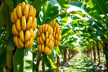 Ripe yellow bananas hanging on lush green banana trees in a plantation
