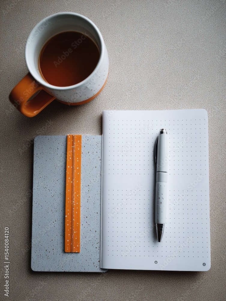 Poster daily gratitude note-taking setup featuring a cup of tea and a clean notebook with a pen