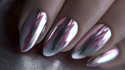 modern beautiful chrome manicure, fashion trend of 2025