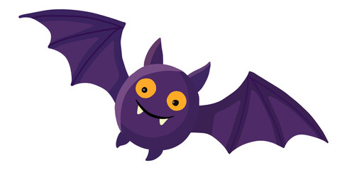 The cute purple bat smiles, spreads its wings, and has bright orange eyes, making it a friendly Halloween character.