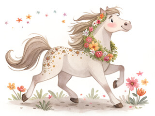 Playful illustration of a charming horse with a floral garland on a white background, joyful design