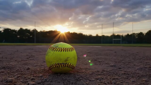 Softball rests on dusty infield at sunset.