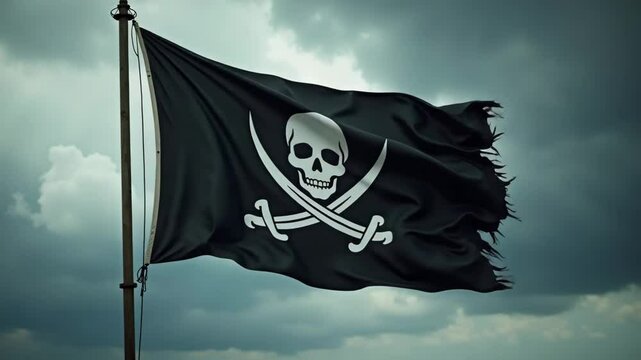 Pirate flag background featuring a black Jolly Roger with tattered edges waving against a stormy sky