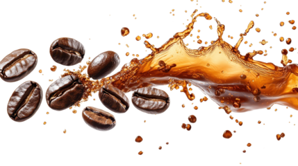 coffee splash with beans isolated on transparent background
