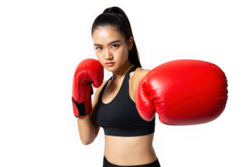 Powerful Female Boxer, Fitness, Strength, Determination, and Action Shot  A Dynamic Image of a Woman in Red Boxing Gloves