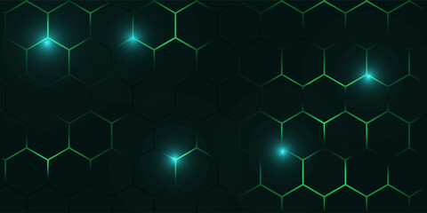 Dark hexagon abstract technology background with blue and green colored bright flashes under hexagon. Hexagonal gaming vector tech illustration black abstract background.