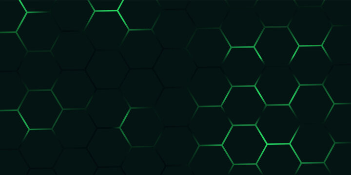 Dark hexagon abstract technology background with blue and green colored bright flashes under hexagon. Hexagonal gaming vector tech illustration black abstract background.