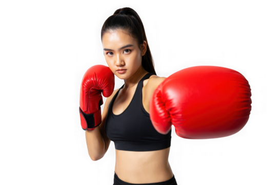 Powerful Female Boxer, Fitness, Strength, Determination, and Action Shot  A Dynamic Image of a Woman in Red Boxing Gloves