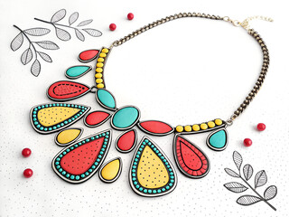 Colorful illustration of a bib necklace with vibrant stones on a white background, playful jewelry design