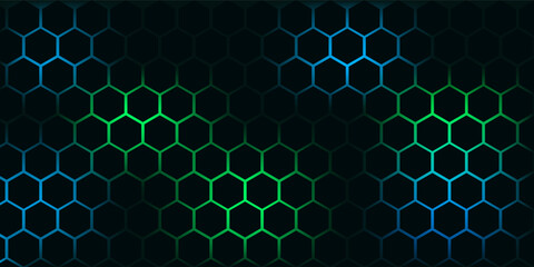 Dark hexagon abstract technology background with blue and green colored bright flashes under hexagon. Hexagonal gaming vector tech illustration black abstract background.