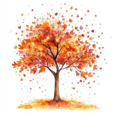Autumnal tree with falling leaves.  Watercolor style