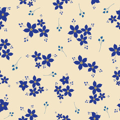 Seamless repeat pattern with soft blue flowers on beige background for textile, surface design, wallpapers and prints