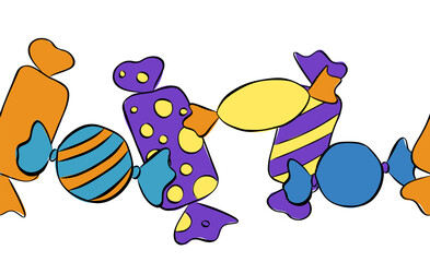 Candy colorful sweet Seamless horizontal border. Vector graphic line ink illustration. Bonbon candies in bright color packaging wrapping. Sugar sweet food dessert caramel chocolate.