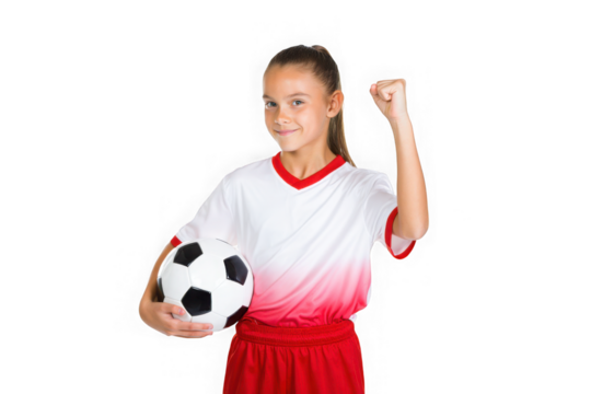 Young Girl Celebrates Soccer Victory, Triumphant Pose, Soccer Ball, Sports, Achievement, Determination, Kid Athlete, Goal, Winning, Passion, Energy, Spirit, Joy, Success