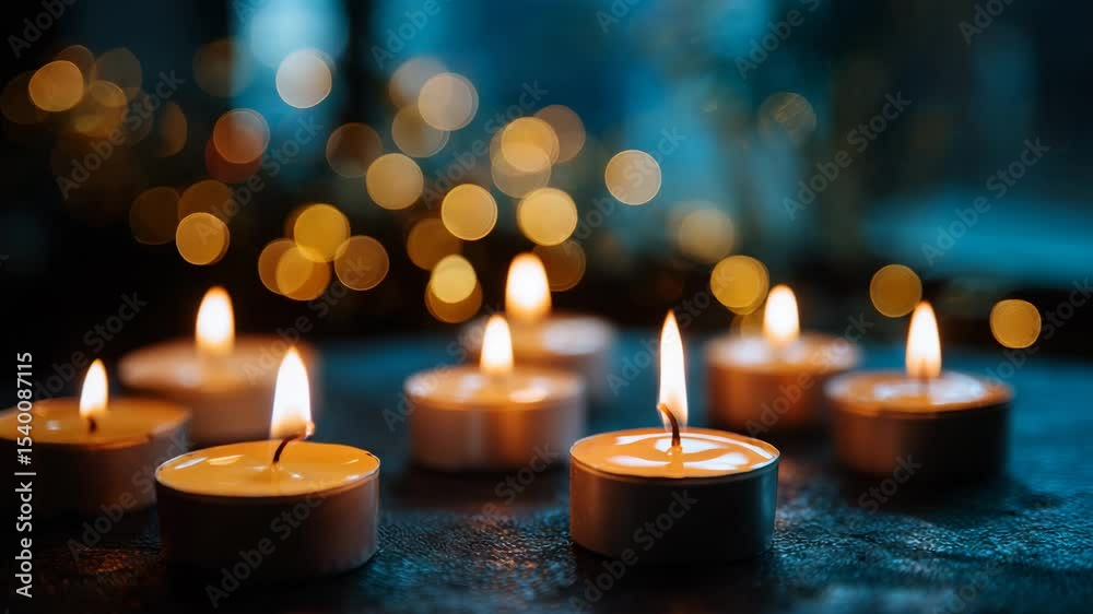 Aufkleber Candles burning on a table against a blurred background with lights and a bokeh effect. Many small candles in a dark room.