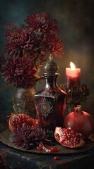 Dark, moody still life featuring a ruby-colored decanter, pomegranates, dark red dahlias, and a burning candle on a metallic tray