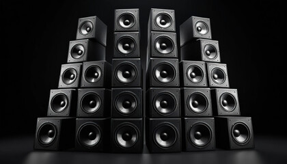 Massive black speaker wall pyramid with stacked subwoofers on black background, studio lightin