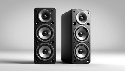 Modern loudspeakers with built-in subwoofers on a white background