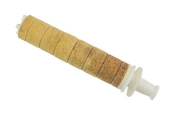 Old, dirty, and well-used water filter set against a transparent background
