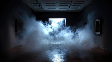 Dark gallery room, shrouded in ethereal fog, a brightly lit doorway at the end of a polished floor, flanked by shadowed artwork