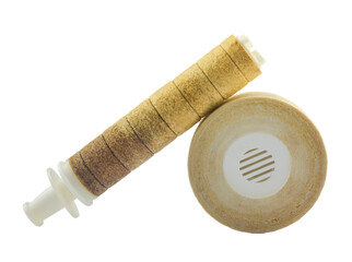 Old, dirty, and well-used water filter set against a transparent background