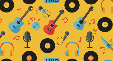 Obraz premium Vibrant Music Pattern with Guitars, Microphones, and Headphones