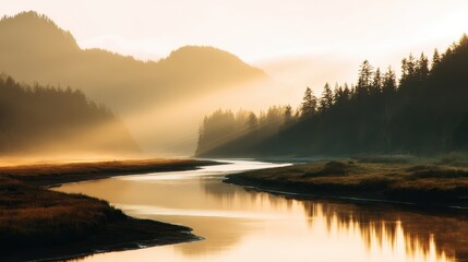 Serene river winding through misty mountains at sunrise, reflecting nature's tranquility