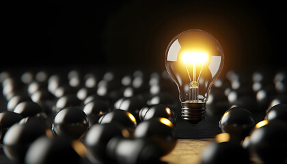 One of Lightbulb glowing among shutdown light bulb in dark area with copy space for creative thinking , problem solving solution and outstanding concept by 3d rendering technique
