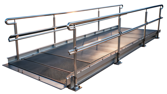 Metal Access Ramp with Handrails for Accessibility on Transparent Background